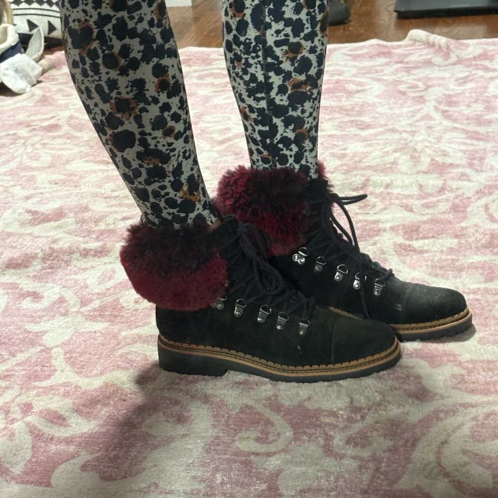 Sam Edelman Black and Burgundy Fur-Trimmed Boots